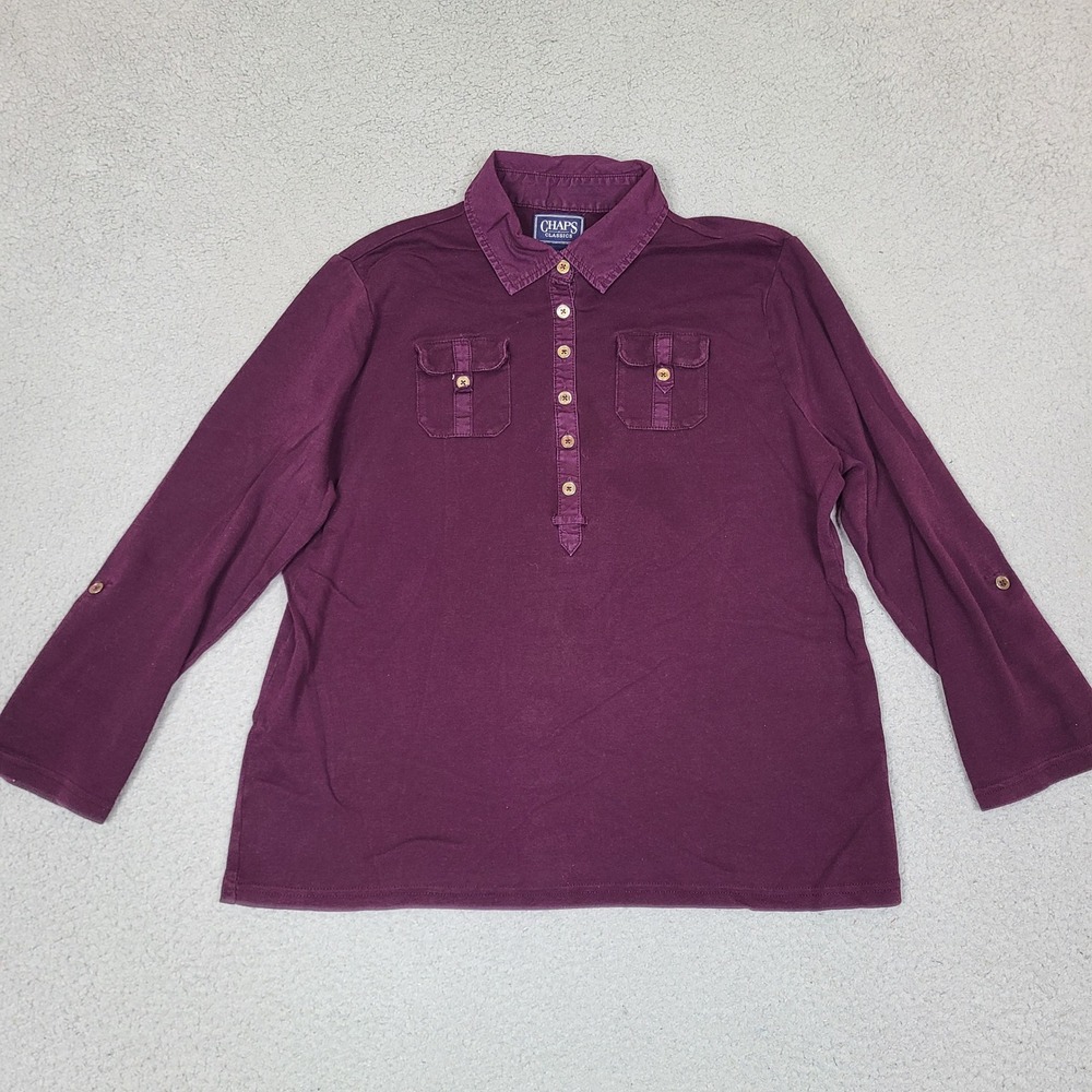 Chaps Classics Womens 1X Plum Purple Cotton Roll Tab Long Sleeve Shirt Top